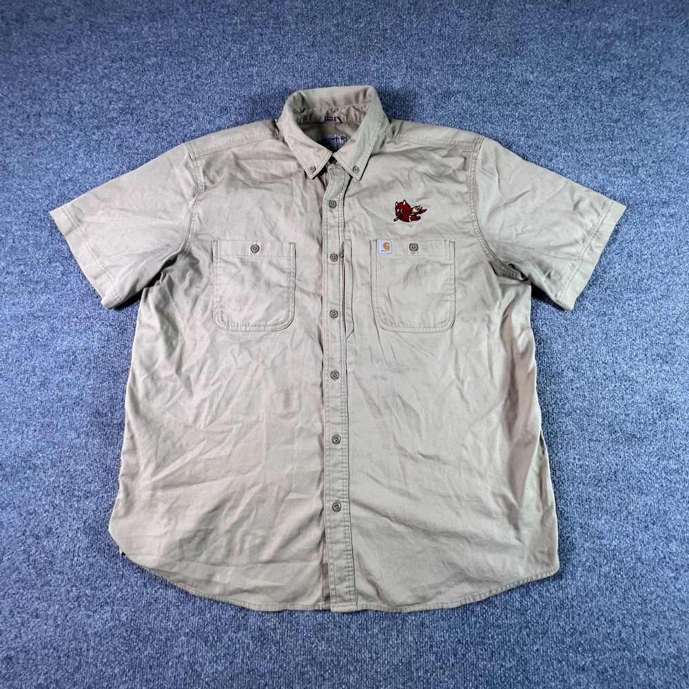 Carhartt Button Down Shirt Mens 2XL Beige Cotton Relaxed Fit Workwear Baby Devil